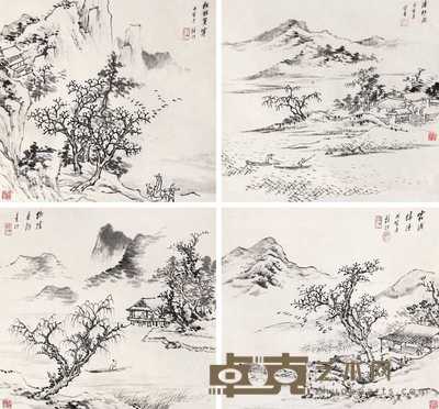 吴镜汀 戊寅(1938年)作 山水 四屏 31×29cm×4